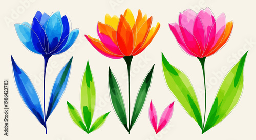 Vibrant colorful tulip flowers illustration.