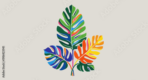 Vibrant Colorful Stylized Tropical Leaves Arrangement with Monstera and Palm Shapes on an Isolated Light Grey Background