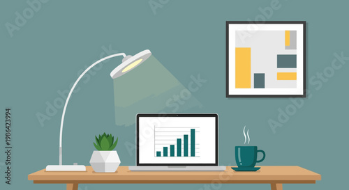 A laptop on a desk with a lamp and coffee cup.