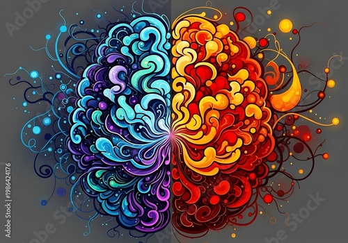 Colorful Abstract Brain Split Into Blue Cool and Red Warm Halves