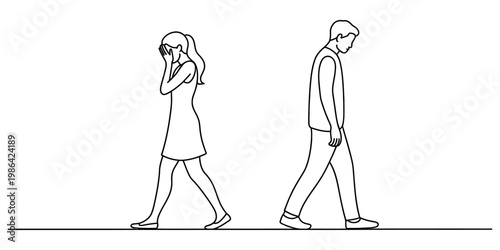 A black and white line drawing of a man and woman walking away from each other in total silence Vector, illustration