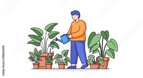 Man watering potted houseplants with care.