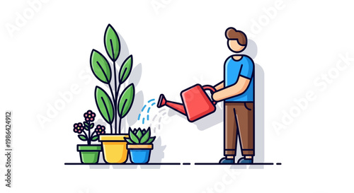Man watering plants with red kettle.