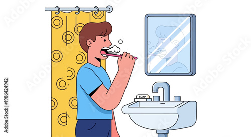 Man Brushing Teeth in Bathroom.