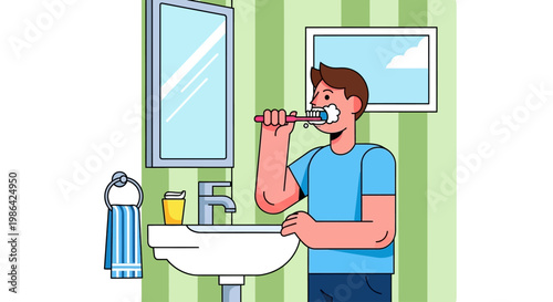 Man Brushing Teeth in Bathroom.