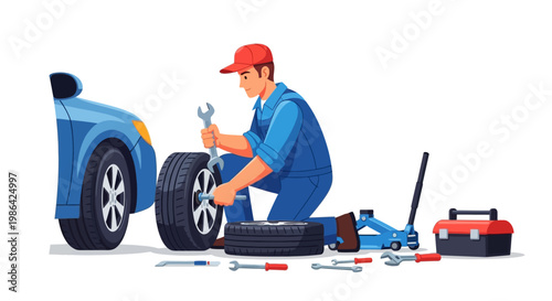Mechanic changing a car tire.