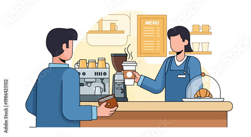 Man buying coffee from barista.