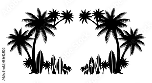 Surfers stand with surfboards under palm trees on a beach landscape