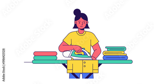 Woman folding colorful laundry neatly.
