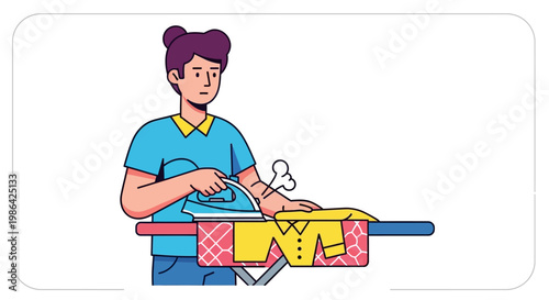 Man ironing clothes with ironing board.