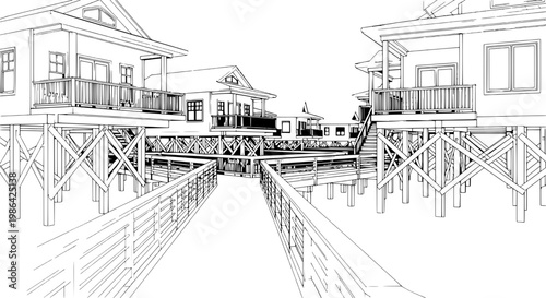 A serene illustration of wooden piers and houses by the ocean at sunset