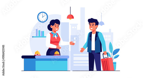 Man receiving travel documents from receptionist.