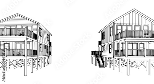 Two elevated beach houses with balconies and stairs shown side by side