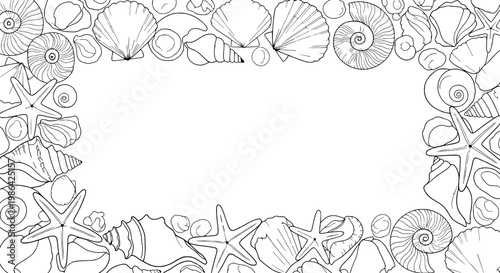 Seashells and starfish border frame with ocean creatures illustration