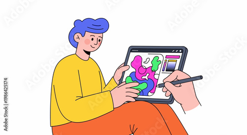 Man using digital drawing tablet computer.