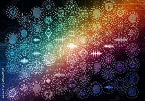 Colorful Digital Geometric Patterns and Hexagonal Icons