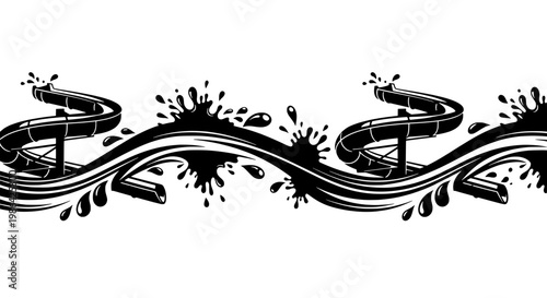 Black ink splashes and swirling wave design on white background