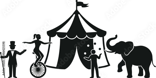 Circus performers and elephant silhouette vector illustration with tent acrobat balancing on unicycle and showman