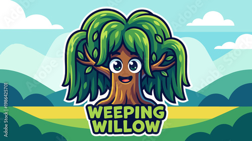 Cartoon weeping willow tree with cute face in landscape illustration stylized vector design for children's books and nature themed projects