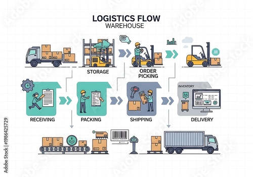 Colorful Logistics Flow Illustration Showing Warehouse Storage Order Picking Packing Shipping Delivery