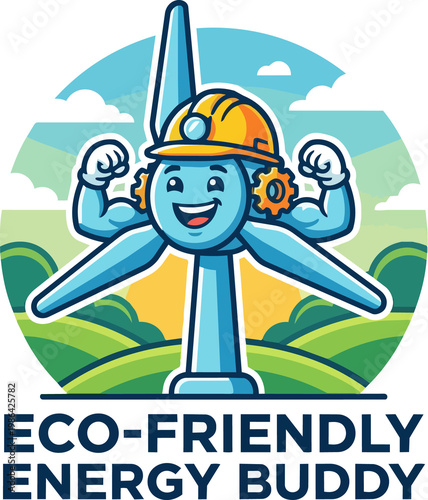Cartoon wind turbine mascot with hard hat showing biceps muscles in eco friendly landscape background vector illustration for energy company