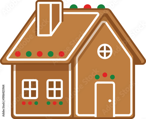 Charming gingerbread house illustration with detailed icing trim decorated with festive red and green candy accents on a black background