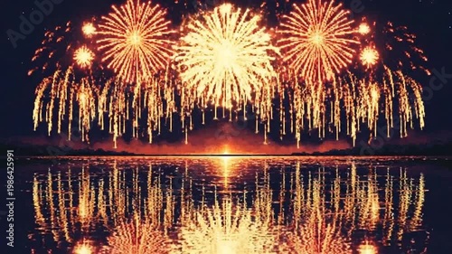 Vibrant Fireworks Display Over Water at Night.