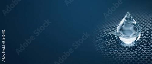 Diamond-clear water droplet on graphene mesh on the right, smooth deep blue void on the left for clean text overlay and web banner.