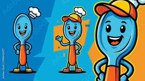 Cheerful blue spoon character wearing a chef hat cartoon mascot illustration standing smiling with crossed arms against vibrant blue and orange backdrop
