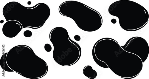 Black fluid organic shapes and abstract liquid blobs, offering smooth curved elements and simple isolated ink drops for dynamic flat graphic design.