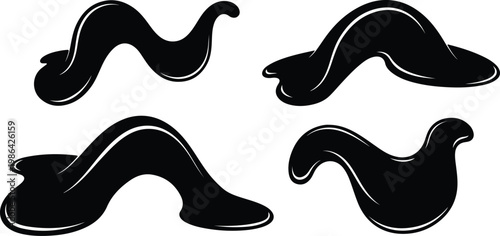 Black fluid organic shapes and abstract liquid wavy blobs, featuring smooth curved slime drips and ink drops as isolated graphic design elements.