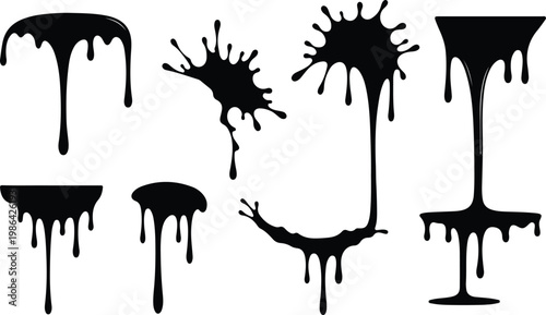 Vector illustration set of black liquid drip and splash silhouettes isolated on white background featuring melting paint ink splatter and slime ooze shapes for graphic design elements.
