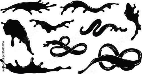Black liquid splash and paint drip silhouettes featuring abstract fluid slime drops, messy ink splatters, and melting ooze shapes isolated on white background.