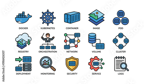 Containers and cloud management icons: docker, kubernetes, networking, security