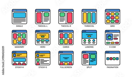 Webpage layout icons collection - grid, single, landing, e-commerce, fullscreen designs