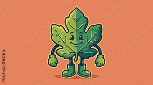 Cheerful cartoon fig leaf character with a friendly face green skin and boots on a solid color backdrop ready for graphic design