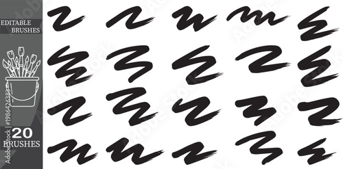 Editable brush strokes, vector brushes, 20 black artistic strokes, customizable illustration tools