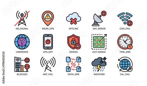 Technology icons illustrating network and connection issues with error representations
