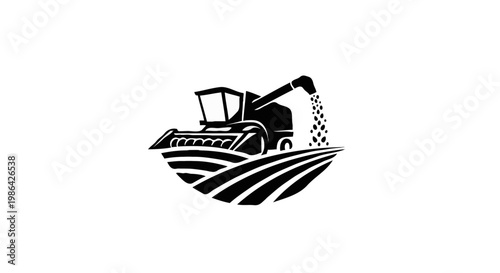 Agricultural Harvester Tractor Field Top View — Black and White Farm Illustration