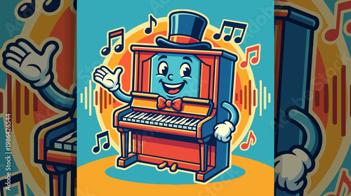Cheerful cartoon piano character with musical notes in a retro style illustration creating joyful melody and musical invitation to play