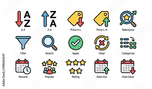 Colorful icons for sorting and filtering options