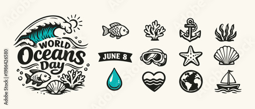 World Oceans Day Nautical Icon Set and Emblem