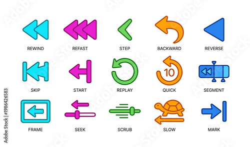 Colorful media control icons for rewind replay and speed adjustment