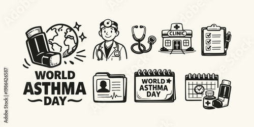 World Asthma Day Hand-Drawn Medical Icon Set