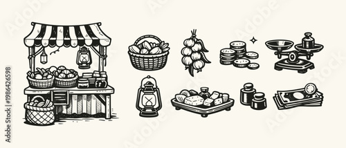 Retro Market Stall and Commerce Icon Set