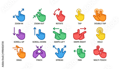 Colorful vector icons illustrating gesture controls for touchscreen devices
