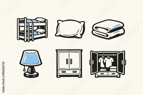Bedroom Furniture and Accessories Vector Icon Set