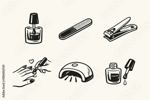 Manicure Tools and Nail Care Hand-drawn Icon Set