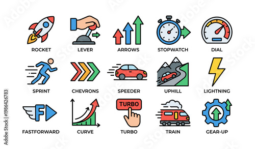 Vector style speed-themed icons including arrows, stopwatch, rocket, lightning, turbo, and train