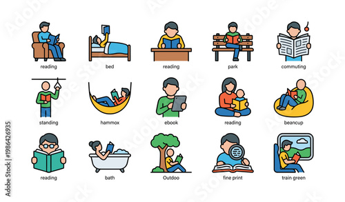 Collection of diverse icons depicting daily activities including reading, relaxing, and commuting